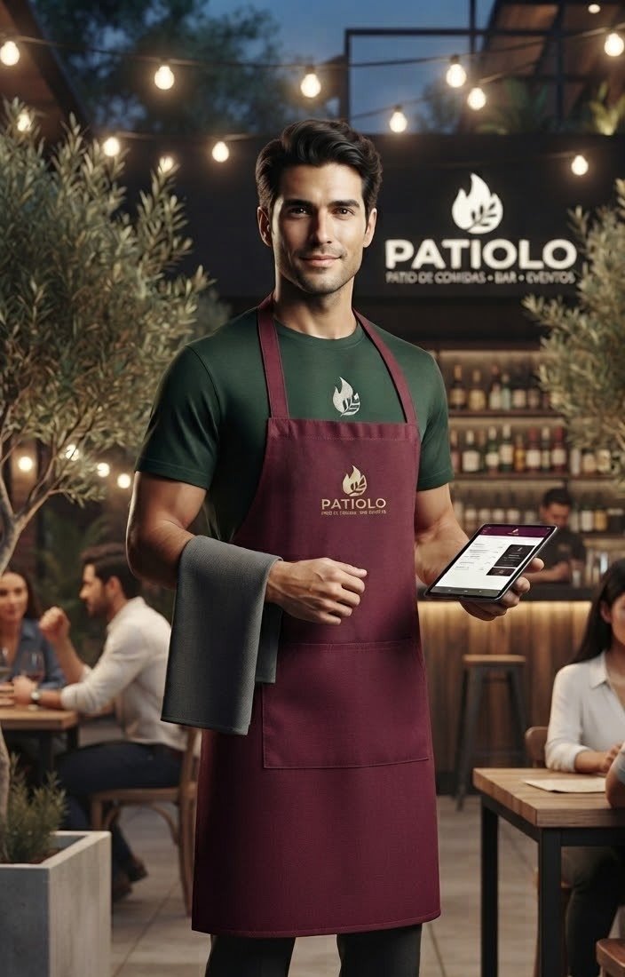 Garzón de Patiolo con delantal burdeos en el patio